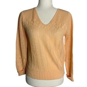 Vintage Open Knit Pull Over Sweater S Peach V Neck Long Sleeves Ribbed Trim